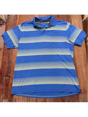 Under Armour HeatGear Striped Polo Shirt 2XL Blue Lime Yellow #1253479-448 Golf